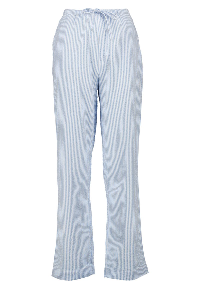 Vaaleansinisiä ja valkoisia raidallisia pyjamahousuja, joissa on naru vyötäröllä, suora lahjesuunnittelu ja pehmeä, kivimäistä puuvillakangasta.