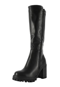 Stivale nero al ginocchio realizzato in pelle liscia, con cerniera laterale, tacco quadrato robusto e suola resistente per una buona aderenza.
