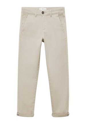 Beige afslappede bukser med knap- og lynlåslukning, to sidelommer, bæltestropper og opkrogede manchetter.