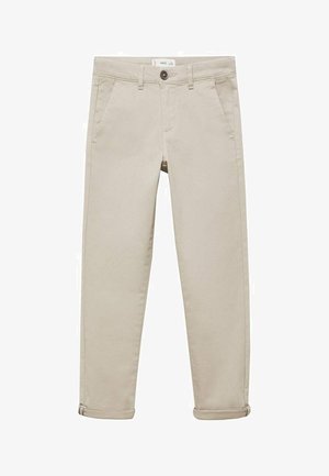 Beżowe codzienne spodnie z zapięciem na guzik i zamek, dwoma bocznymi kieszeniami, szlufkami na pasek i podwiniętymi mankietami.