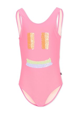 Różowy jednoczęściowy strój kąpielowy z cekinowymi wzorami tworzącymi dwa pionowe pomarańczowe paski oraz uśmiechnięte usta w pastelowych kolorach z przodu.
