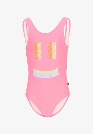 Costume intero rosa con disegni di paillettes che formano due barre verticali arancioni e una bocca sorridente nei colori pastello sulla parte frontale.