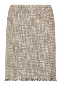 Kudottu beige tweed-minihame, jossa on teksturoitu pinta. Ominaisuuksia ovat fringed-helma ja suora siluetti. Sopii erilaisiin tilaisuuksiin.