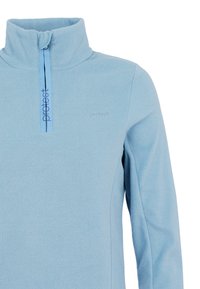 Pullover in pile blu chiaro con colletto a metà zip. Presenta un logo discreto e una texture liscia, progettato per calore e comfort.