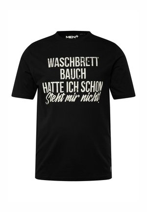 T-shirt en coton noir avec un texte blanc qui dit "J'AI DÉJÀ EU UN VENTRE EN LAVAGE Ça ne me va pas !" Manches courtes et col rond.
