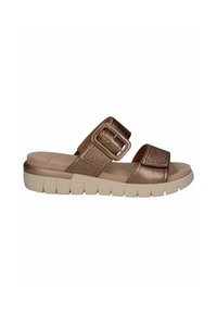 Sandali slip-on in bronzo metallizzato con tomaia texturizzata, due cinturini, una grande fibbia rettangolare e una suola spessa di colore chiaro.