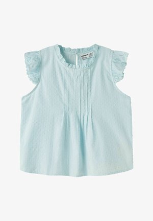Blouse bébé sans manches bleu clair avec pois texturés, manches courtes volantées et détails plissés à l'avant.