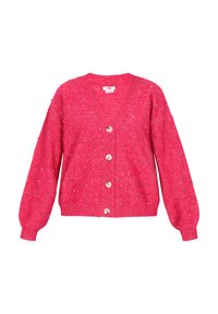 Helles pinkes Strickjäckchen mit V-Ausschnitt, langen Puffärmeln und dekorativen bunten Sprenkeln. Mit fünf runden Knöpfen auf der Vorderseite.