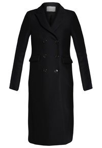 Sort uldfrakke med skræddersyet silhuet, dobbeltradet design, spidse klapper, forlommer og blanke knapper. Glat tekstur.
