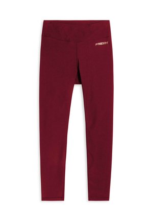 Leggings bordeaux en tissu extensible avec une texture lisse. Dotés d'une taille haute et d'un petit logo doré sur la hanche.