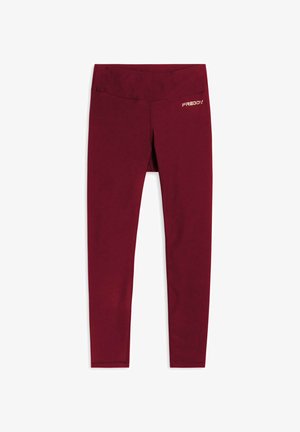 Leggings bordeaux realizzati in tessuto elasticizzato con una texture liscia. Presentano un alto cinturino in vita e un piccolo logo dorato sull'anca.