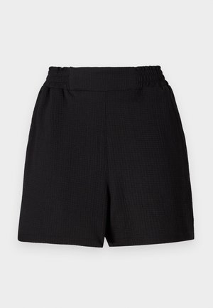 Sorte shorts med et struktureret stof, elastisk talje og lige snit. Har et enkelt design uden yderligere detaljer eller mønstre.