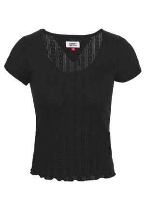 Haut en maille noir à manches courtes avec col en V, motifs verticaux discrets et petit ourlet à volants, taille Small indiquée par Tommy Jeans.
