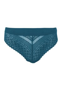 Culotte en dentelle teal avec un ourlet festonné, présentant un motif floral et une taille solide embossée du nom de la marque "ATHENA."