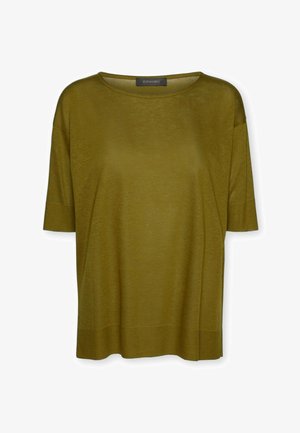 Top de punto de manga corta en verde oliva con escote redondo y puños y dobladillo acanalados de Elena Mirò.