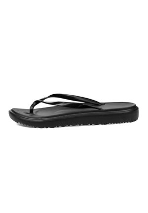 Sandalia tipo flip-flop de goma negra con plantilla texturizada, tiras delgadas y una suela ligeramente elevada con patrón acanalado en la parte inferior.