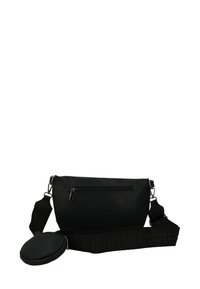 Borsa a tracolla nera con texture, dotata di tasca con zip frontale e tracolla larga rimovibile, caratterizzata da una piccola pochette rotonda attaccata alla tracolla.