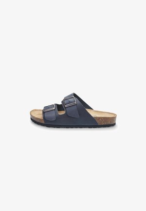 Zilā divu siksnu sandaļa ar sudraba sprādzēm, korķa zole un strukturēta gumijas zole. Atvērta dizaina un plakana profila, kas nodrošina ērtu valkāšanu.