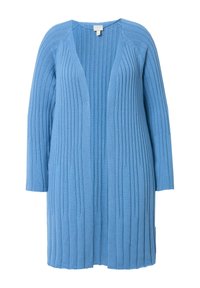 Langarm-Cardigan aus leichtblauem Strick. Verfügt über ein geripptes Muster und ein offenes Design. Weiches Material und lockere Passform, endet knapp über dem Knie.