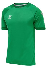Groen sportshirt met korte mouwen en een ronde hals, subtiel gestructureerd patroon op de schouders en wit Hummel-logo op de linker bovenborst.