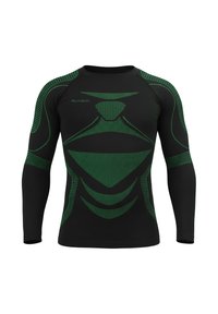 Black long-sleeve shirt featuring green geometric patterns and textured accents. Material is sleek and form-fitting for active use.