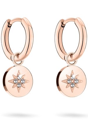 Rose gold creol øreringe med runde charms med en graveret stjerne og fire indbyggede funklende klare krystaller.
