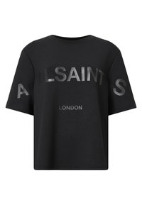 Sort bomulds T-shirt med metallisk sølvtekst "ALLSAINTS" og "LONDON", korte ærmer og en afslappet pasform.