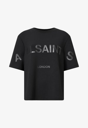 T-shirt di cotone nero con testo metallico argento "ALLSAINTS" e "LONDON", maniche corte e vestibilità rilassata.