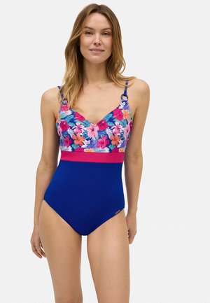 Bañador de una pieza con un patrón floral en rosa y azul, con una sección inferior azul sólida y una cintura en rosa. Incluye tirantes ajustables.