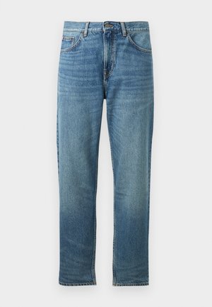 Jeans in denim blu con taglio a gamba dritta, dotati di tasche frontali, chiusura a bottoni e leggera scoloritura per un aspetto vissuto.