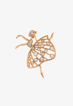 Broșă din metal aurit în formă de balerină, cu o fustă în formă de evantai decorată cu multiple pietre strălucitoare transparente și detalii delicate.