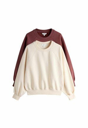 Zwei langärmelige Sweatshirts mit Rundhalsausschnitt, eine cremefarben vorne und eine braun hinten, mit gesammelten Bündchen und Saum.