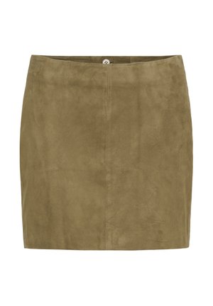 Mini krilo iz semiša olivno zelene barve z ravnim krojem, sprednjim šivom in zapiranjem na gumbe na pasu.