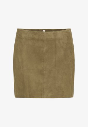 Mini krilo iz semiša olivno zelene barve z ravnim krojem, sprednjim šivom in zapiranjem na gumbe na pasu.