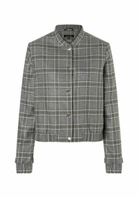 Veste à carreaux grise avec des lignes blanches, dotée d'un col rond, d'une fermeture à boutons et de poignets et d'un ourlet élastiques pour une coupe ajustée.