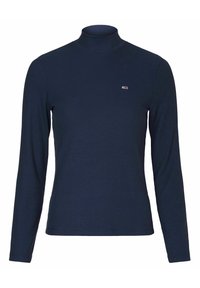 Marineblauwe geribbelde longsleeve coltrui met een aansluitende pasvorm en een klein logo accent op de borst. Glad textuur en rekbare stof.