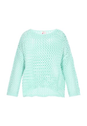Lys mintgrøn strikket sweater med løs, åben vævning, rund halsudskæring og lange ærmer; bølget kant nederst.