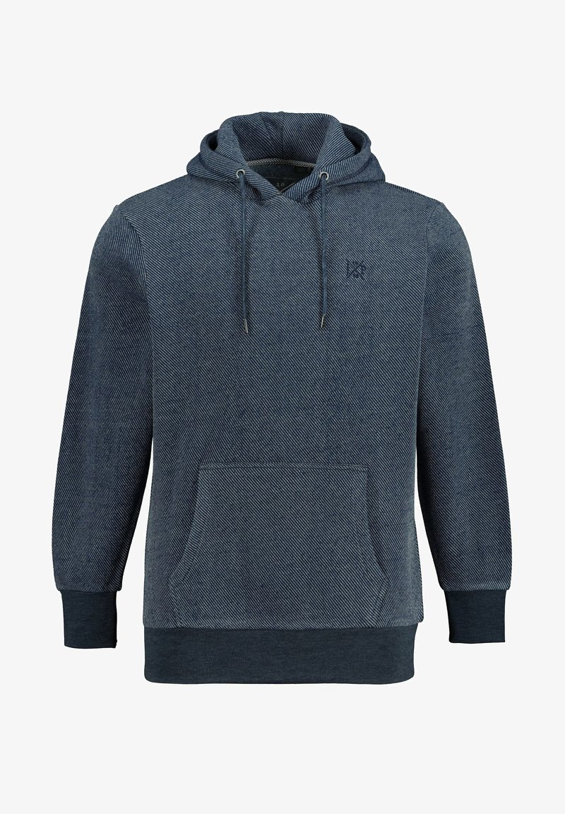 Sweat à capuche bleu foncé pour homme avec poche avant, cordon de serrage, poignets côtelés et motif diagonal texturé subtil.