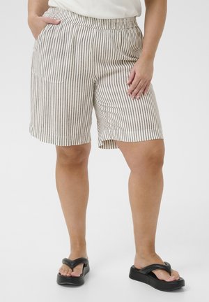 Linen blend shorts in cream with brown vertical stripes, featuring an elasticated waistband, side pockets, and a relaxed fit.