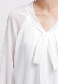 White sheer long-sleeve blouse with a tied bow at the neckline, showing the upper chest and collarbone area.