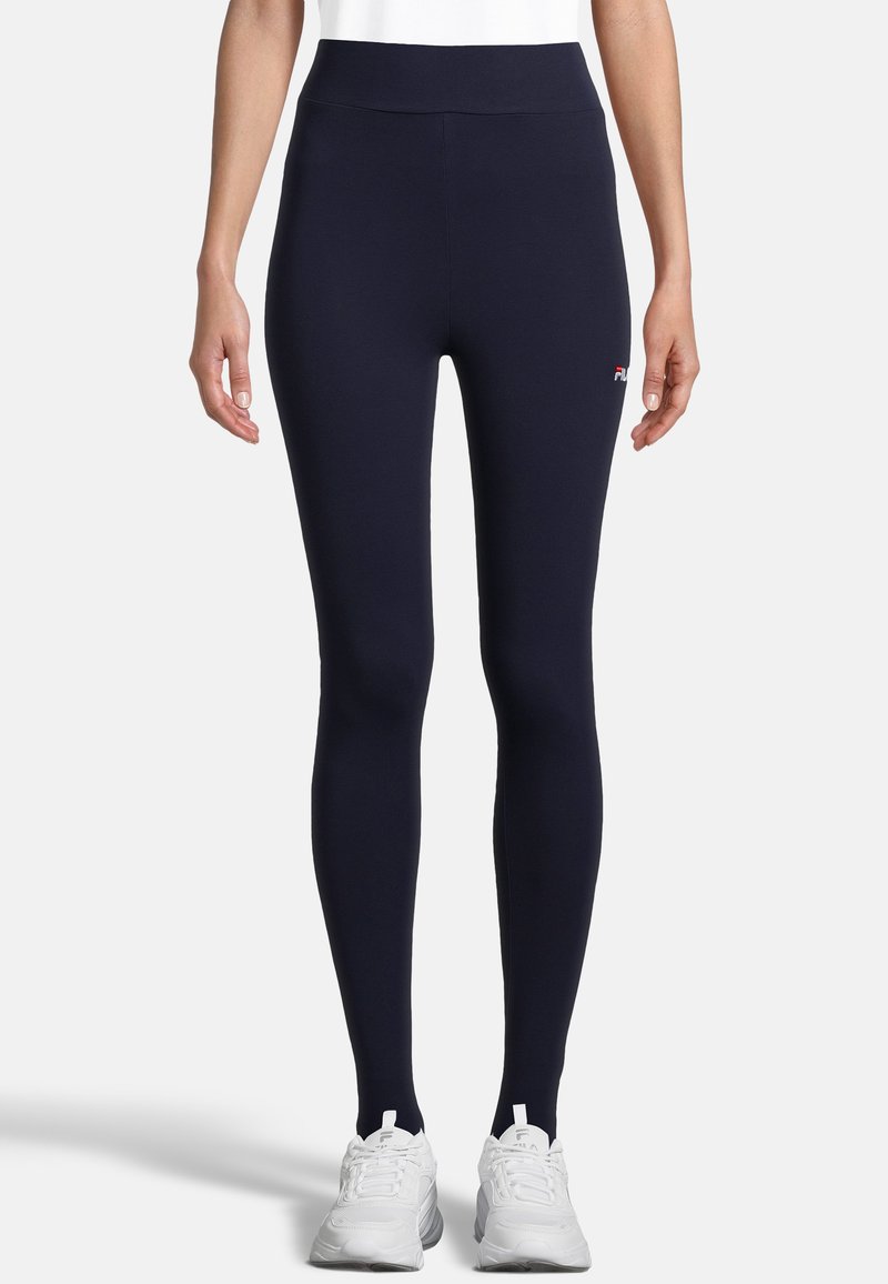 Navyblauwe legging met een gladde, rekbare stof. Hoge tailleband met een klein rood en wit logo op de dij. Strakke pasvorm voor comfort.