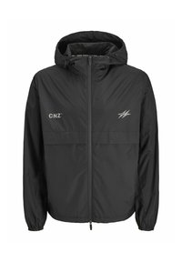 Zwarte hoodie jacket van lichtgewicht stof, met een voorkant met ritssluiting, elastische manchetten en zilveren logo's op de borst en mouw.