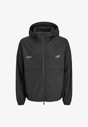 Zwarte hoodie jacket van lichtgewicht stof, met een voorkant met ritssluiting, elastische manchetten en zilveren logo's op de borst en mouw.