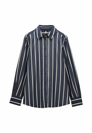 Tumši zils pogājams krekls ar baltām vertikālām svītrām, garām piedurknēm un norādītu apkakli.