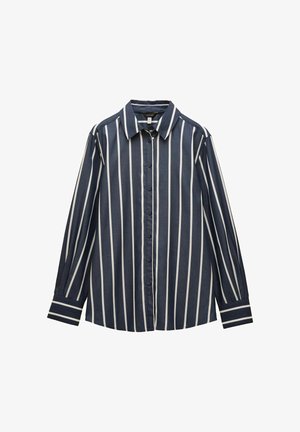 Tumši zils pogājams krekls ar baltām vertikālām svītrām, garām piedurknēm un norādītu apkakli.