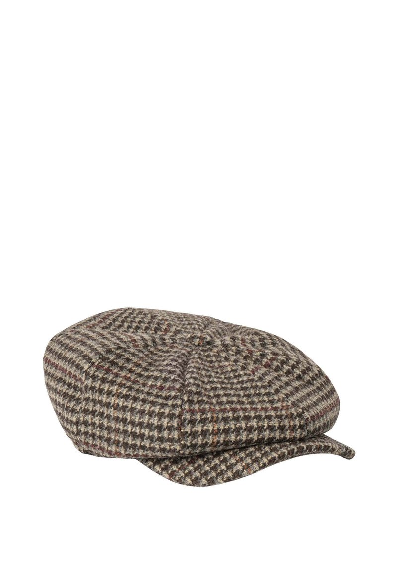 Casquette en écossais marron en laine texturée, avec une forme arrondie, des coutures décoratives et un petit bord à l'avant.