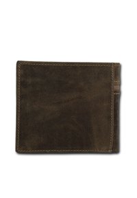 Bruine leren portemonnee met een gestructureerde afwerking, met zichtbare stiksels en sleuven voor kaarten. Compacter rechthoekige vorm met een eenvoudig ontwerp.