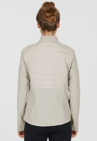 Ljusgrå jacka med en vadderad bakpanel, hög krage och långa ärmar; mjuk textur; figursydd design.