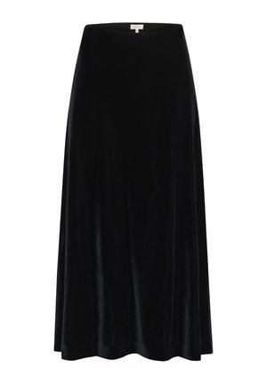 Black velvet maxi skirt with a smooth texture, A-line shape, and a soft waistband. Hemline curves gently towards the bottom.