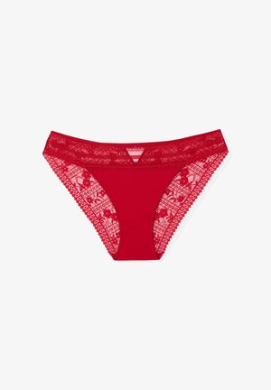 Red panties with lace trim detailing and scalloped edges. Smooth fabric front with lace sides featuring floral patterns and intricate borders.